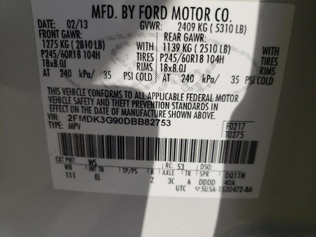 Photo 10 from auction – 2013 FORD EDGE SE with VIN 2FMDK3G90DBB82753