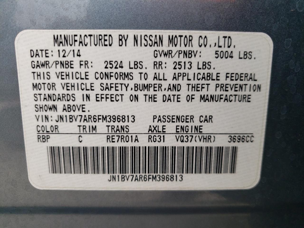 Photo 10 from auction – 2015 INFINITI Q50 BASE with VIN JN1BV7AR6FM396813