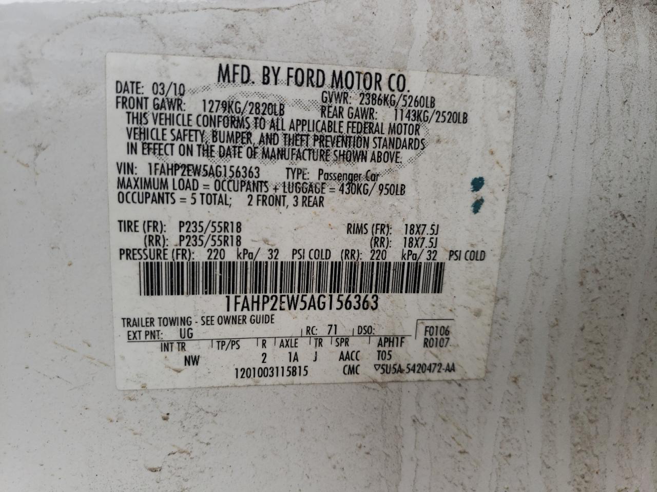 Photo 10 from auction – 2010 FORD TAURUS SEL with VIN 1FAHP2EW5AG156363