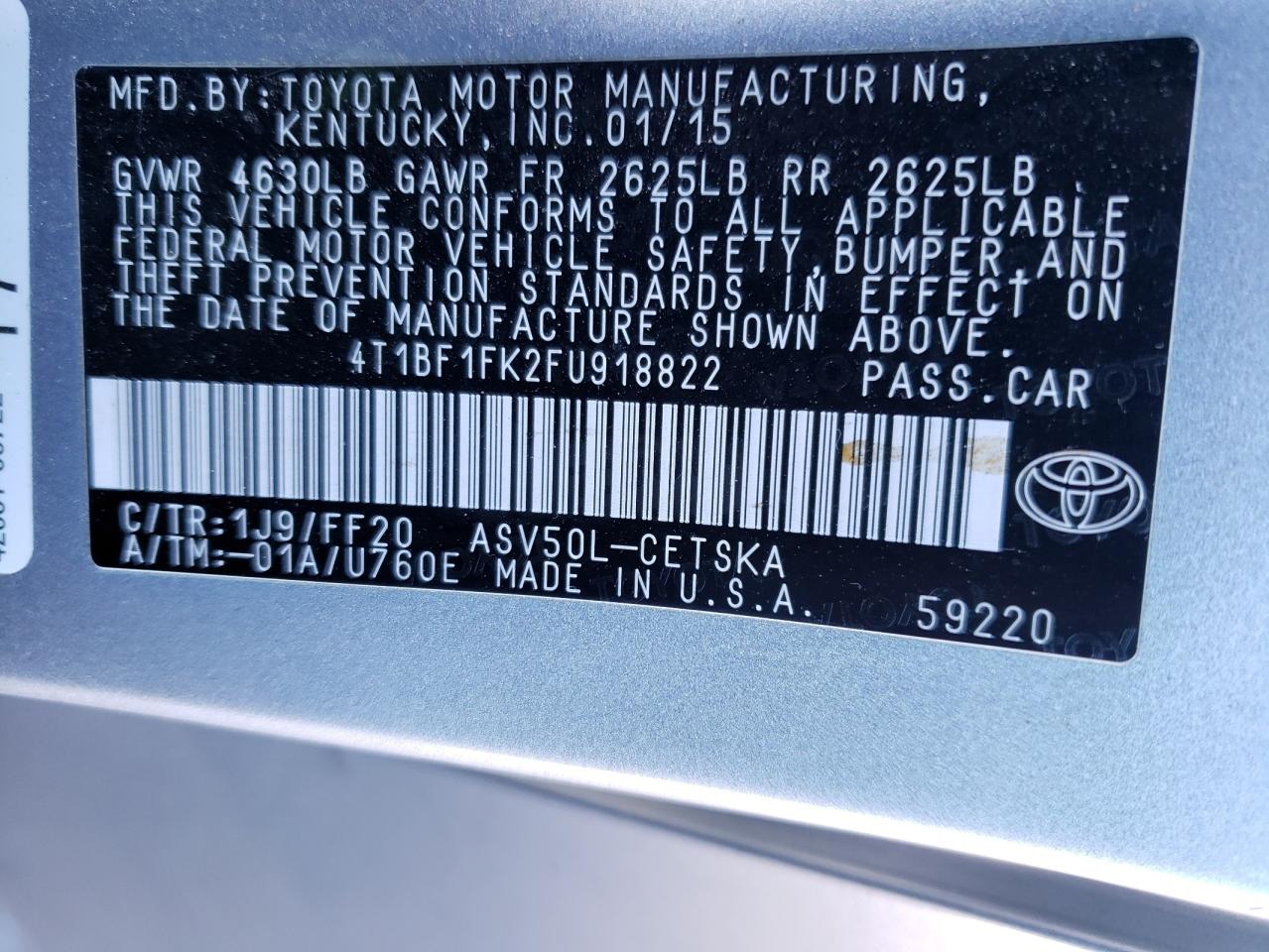 Photo 10 from auction – 2015 TOYOTA CAMRY LE with VIN 4T1BF1FK2FU918822