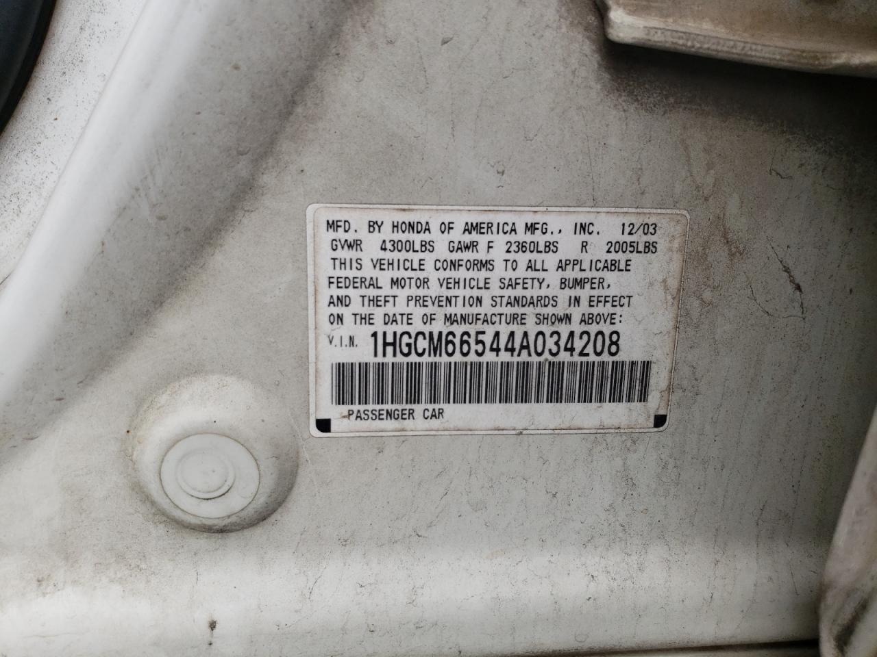 Photo 10 from auction – 2004 HONDA ACCORD EX with VIN 1HGCM66544A034208