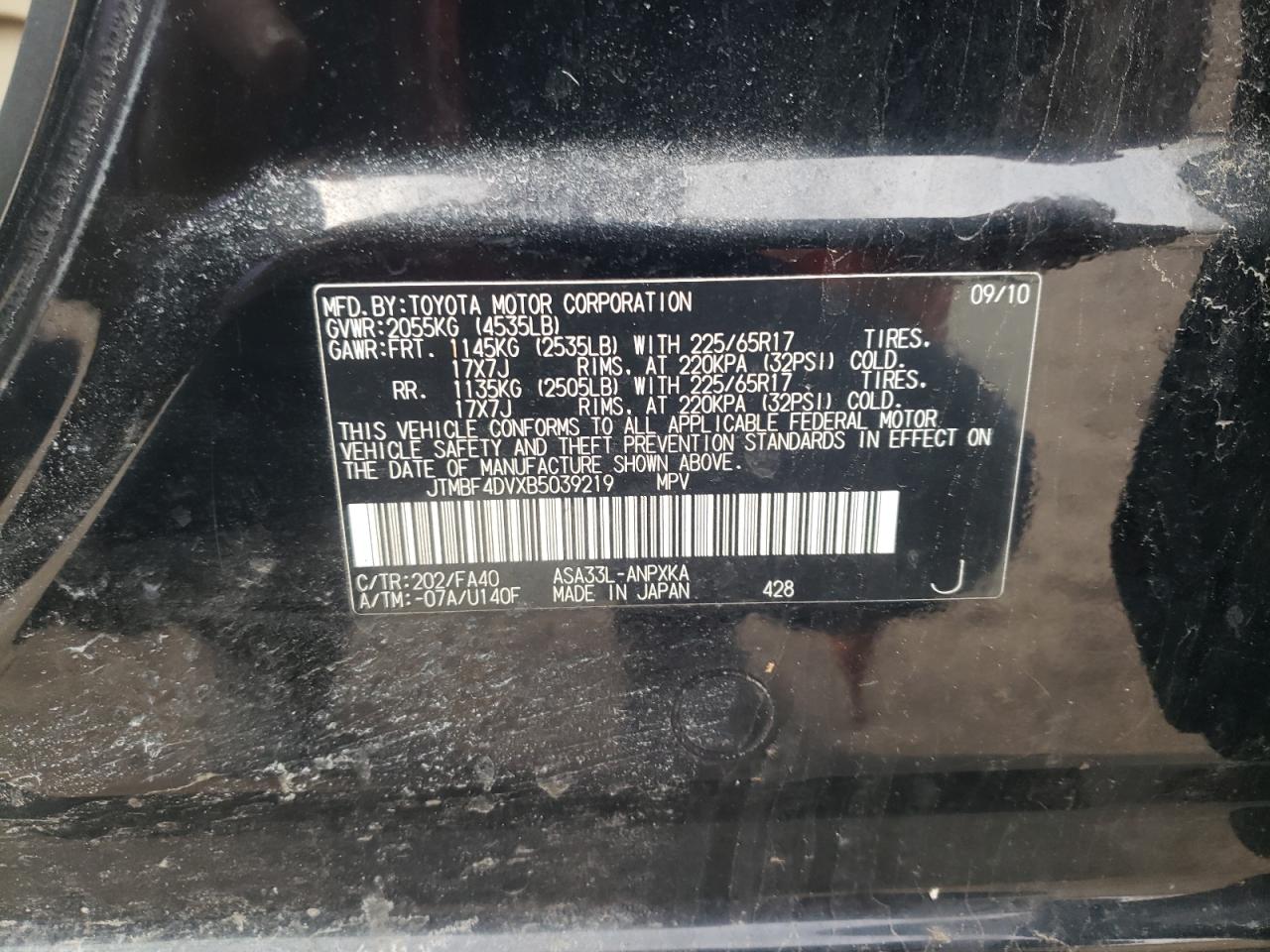 Photo 10 from auction – 2011 TOYOTA RAV4 with VIN JTMBF4DVXB5039219