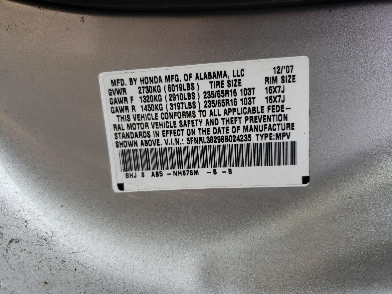 Photo 10 from auction – 2008 HONDA ODYSSEY LX with VIN 5FNRL38298B024235