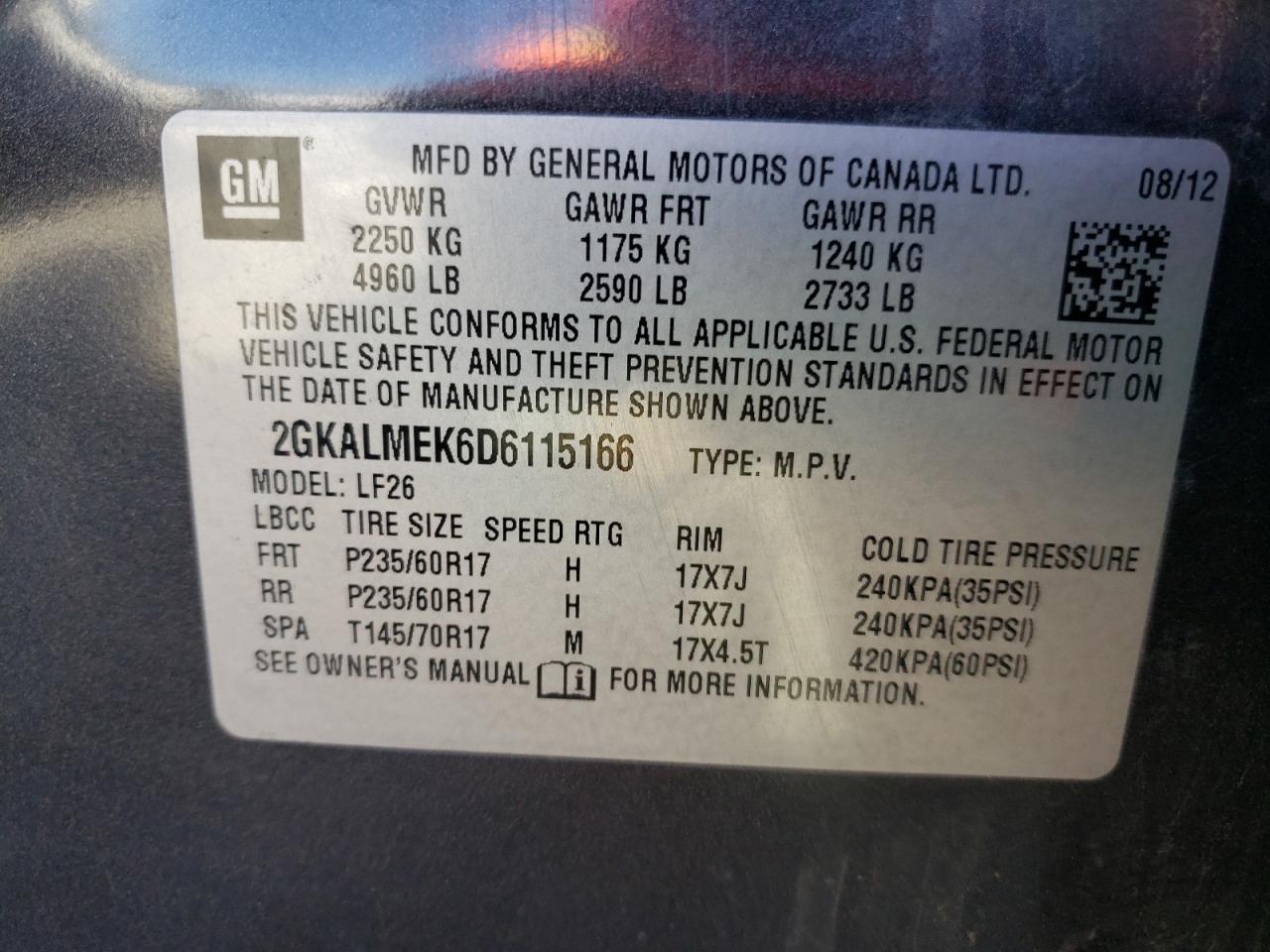 Photo 10 from auction – 2013 GMC TERRAIN SL with VIN 2GKALMEK6D6115166