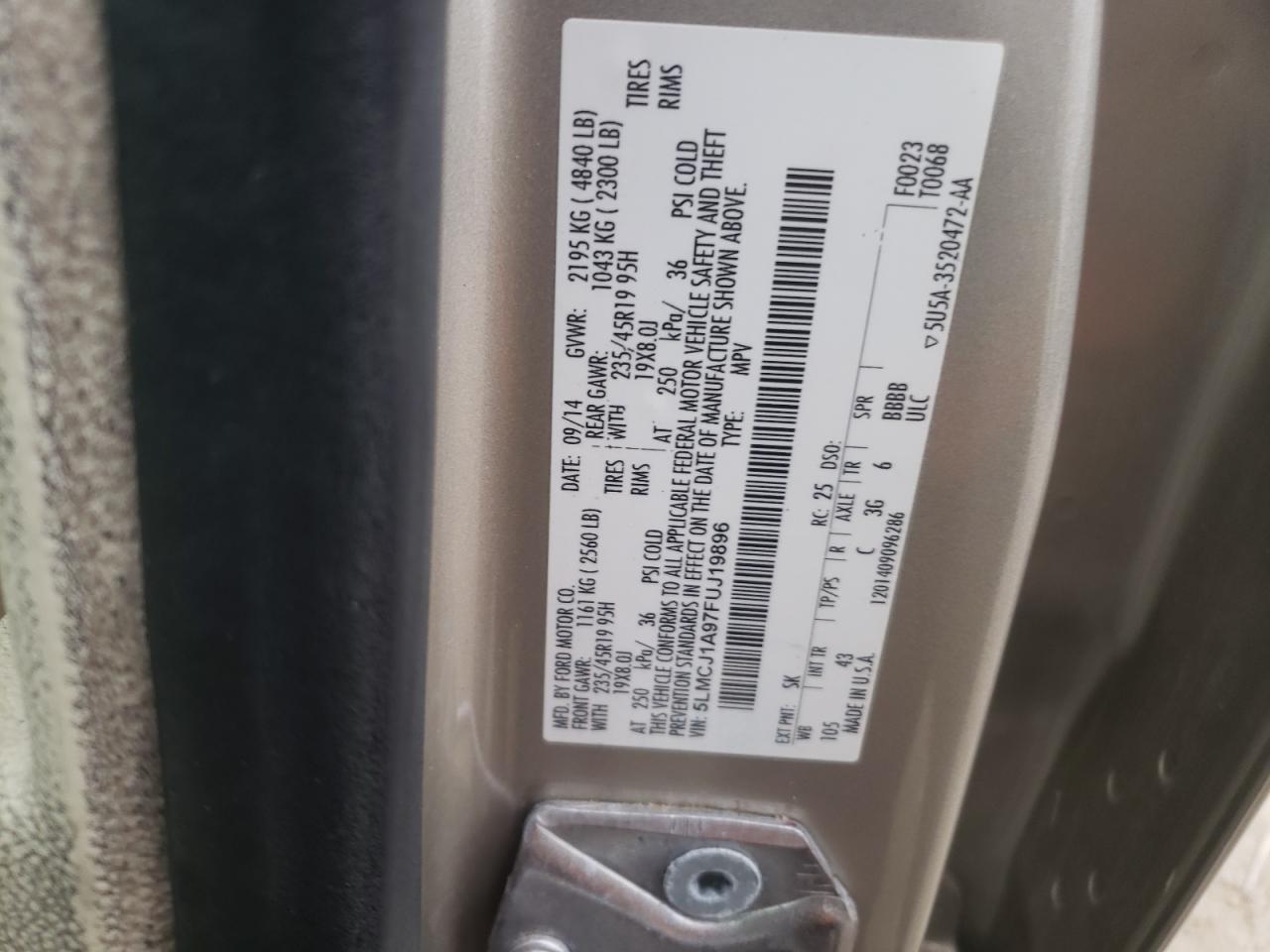 Photo 10 from auction – 2015 LINCOLN MKC with VIN 5LMCJ1A97FUJ19896