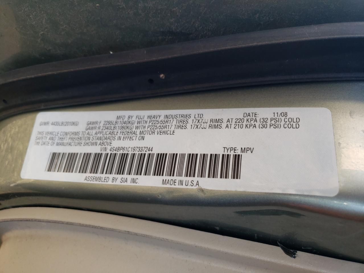 Фото 10 с аукциона – 2009 SUBARU OUTBACK 2. с VIN 4S4BP61C197337244