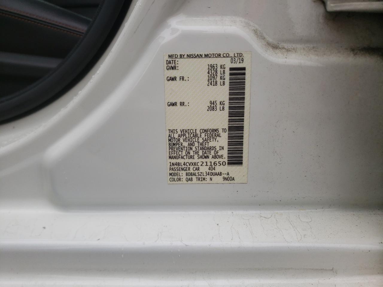 Photo 10 from auction – 2019 NISSAN ALTIMA SR with VIN 1N4BL4CVXKC211650