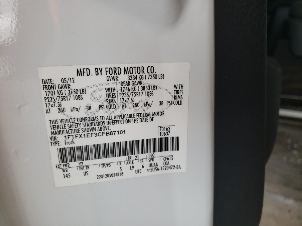 Photo 10 from auction – 2012 FORD F150 SUPER with VIN 1FTFX1EF3CFB87101