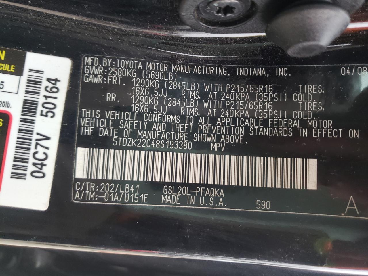Photo 10 from auction – 2008 TOYOTA SIENNA XLE with VIN 5TDZK22C48S193380