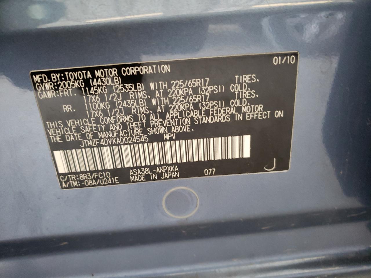 Photo 10 from auction – 2010 TOYOTA RAV4 with VIN JTMZF4DVXAD024545