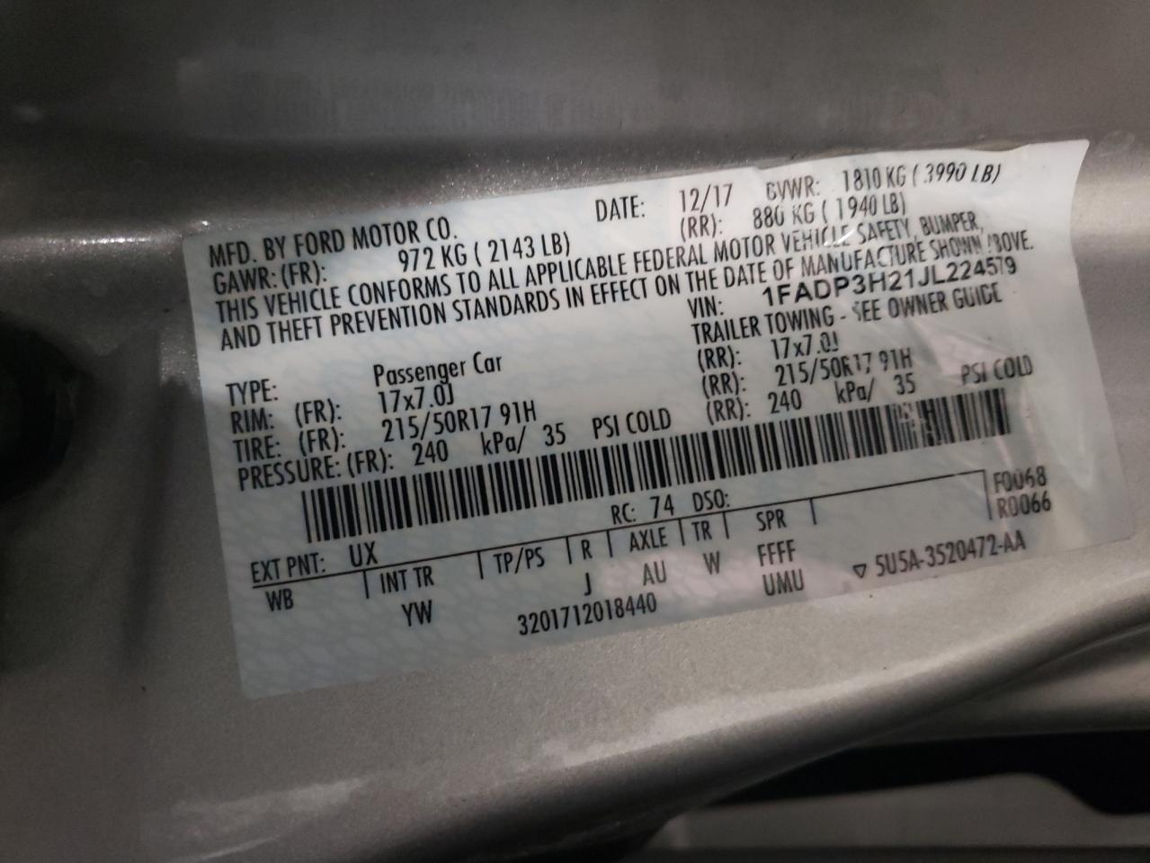 Photo 10 from auction – 2018 FORD FOCUS SEL with VIN 1FADP3H21JL224579