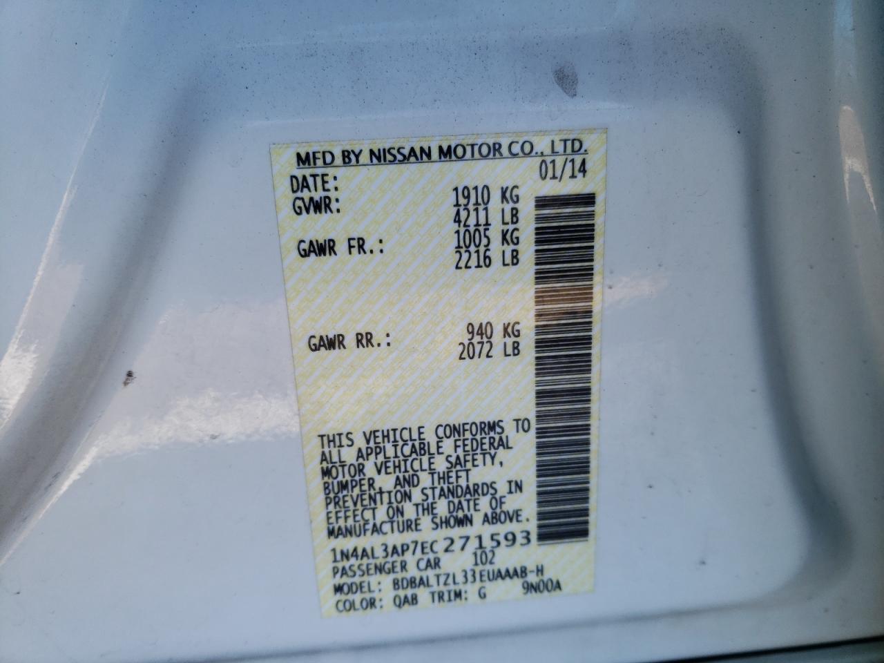 Photo 10 from auction – 2014 NISSAN ALTIMA 2.5 with VIN 1N4AL3AP7EC271593