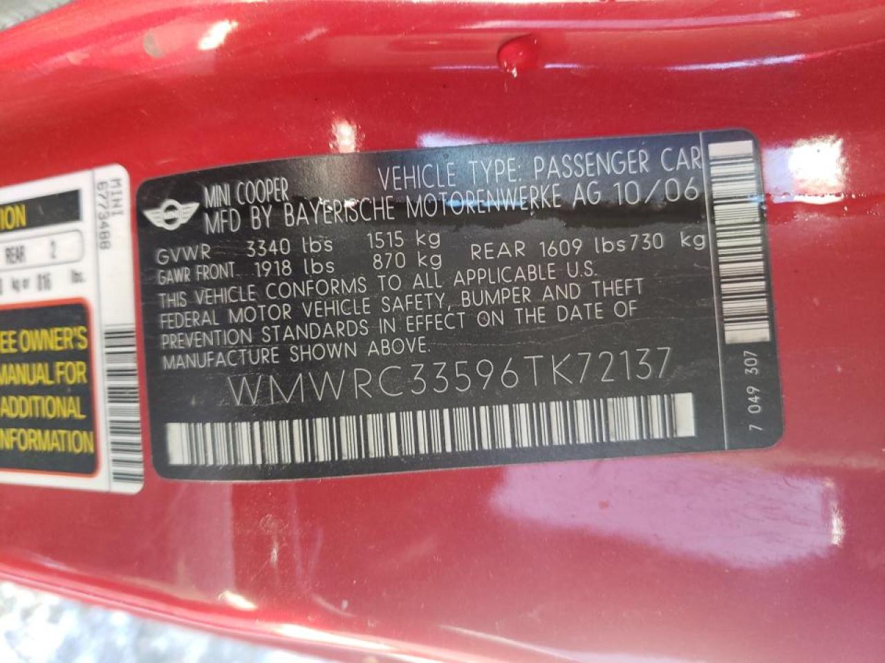 Photo 10 from auction – 2006 MINI COOPER with VIN WMWRC33596TK72137
