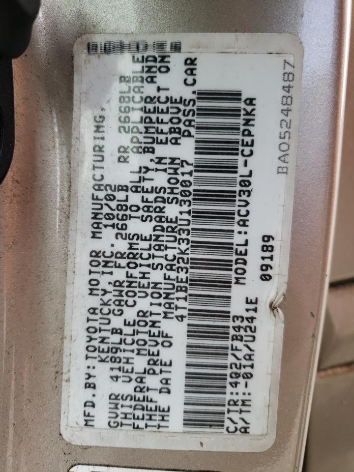 Photo 10 from auction – 2003 TOYOTA CAMRY LE with VIN 4T1BE32K33U130017