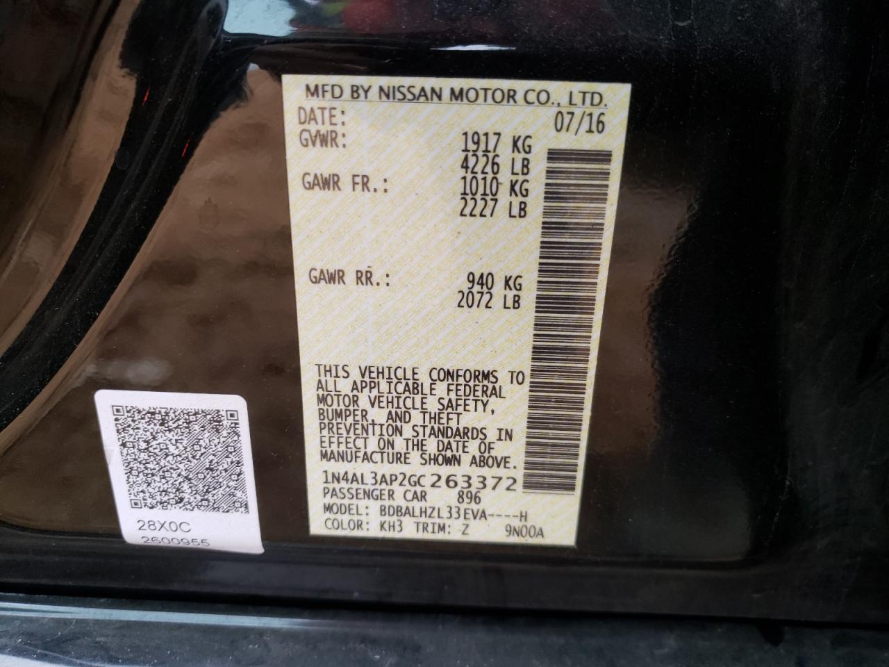 Photo 10 from auction – 2016 NISSAN ALTIMA 2.5 with VIN 1N4AL3AP2GC263372