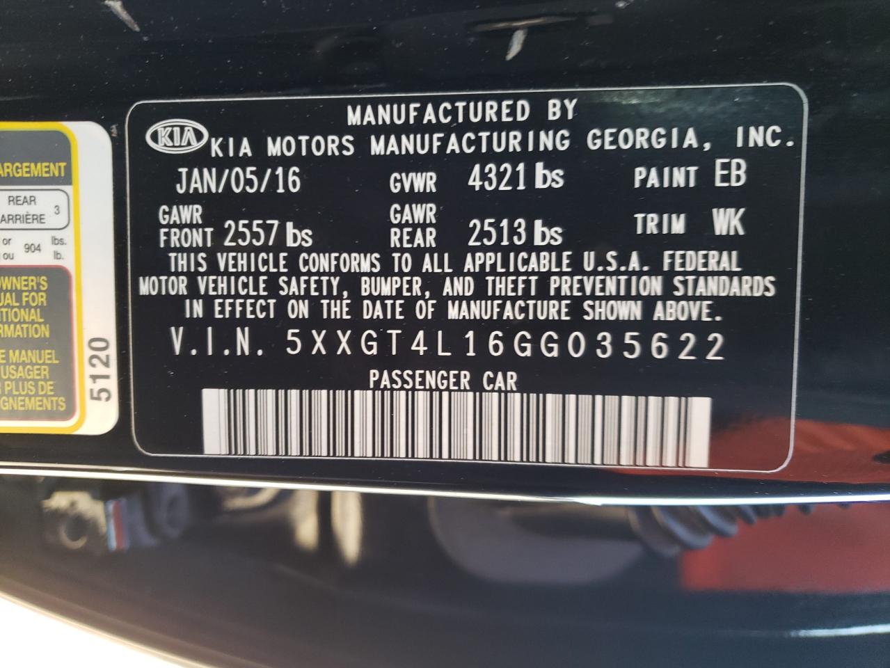 Photo 10 from auction – 2016 KIA OPTIMA LX with VIN 5XXGT4L16GG035622