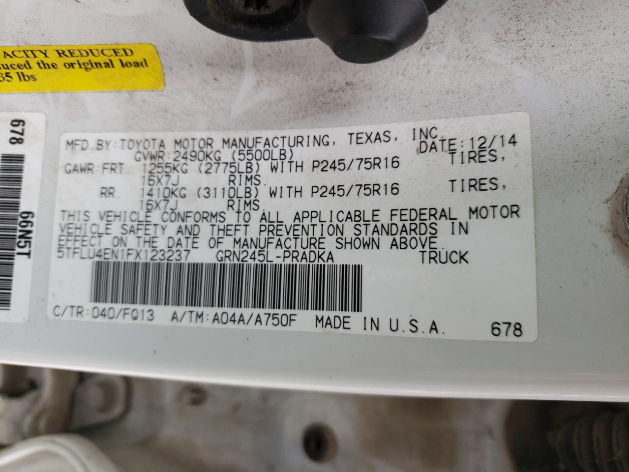Photo 10 from auction – 2015 TOYOTA TACOMA DOU with VIN 5TFLU4EN1FX123237
