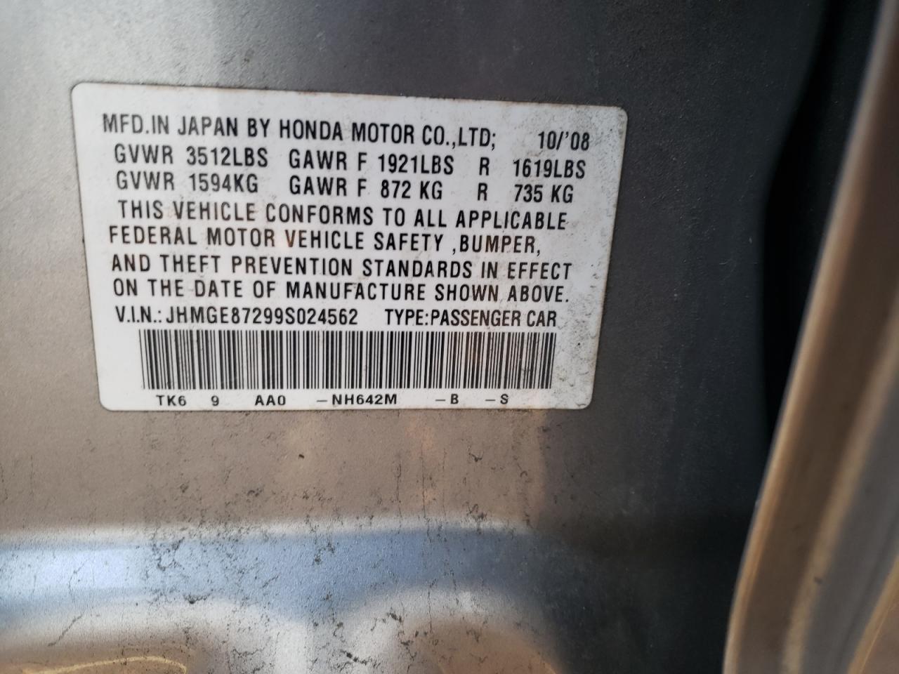 Photo 10 from auction – 2009 HONDA FIT with VIN JHMGE87299S024562