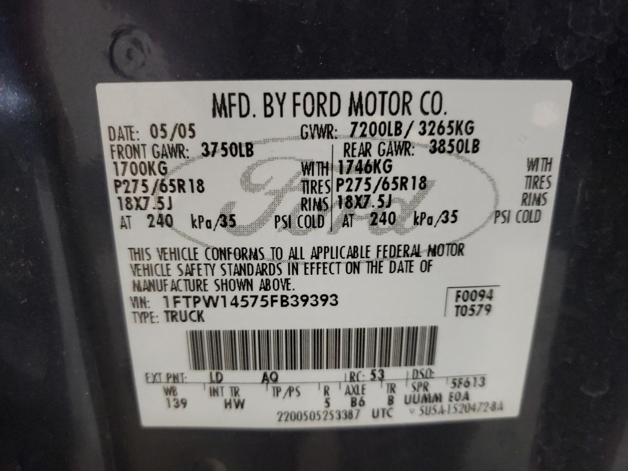 Photo 10 from auction – 2005 FORD F150 SUPER with VIN 1FTPW14575FB39393