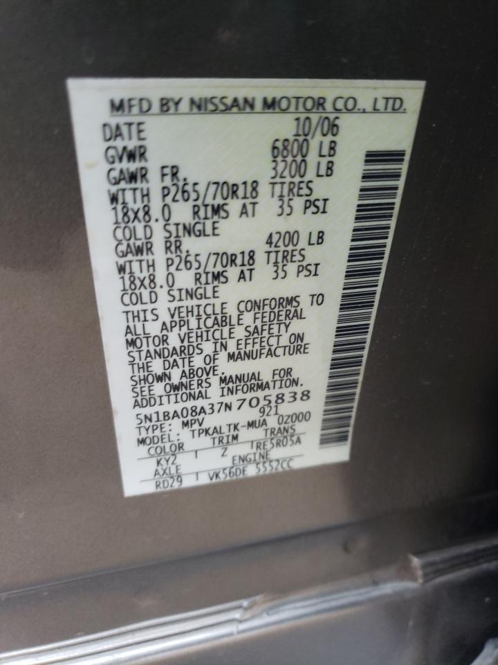 Photo 10 from auction – 2007 NISSAN ARMADA SE with VIN 5N1BA08A37N705838