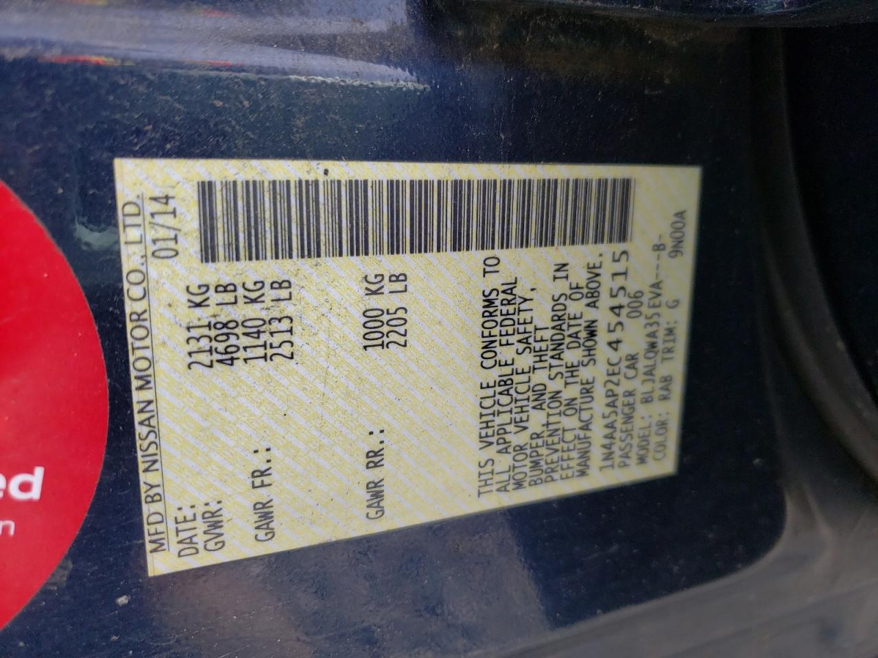 Photo 10 from auction – 2014 NISSAN MAXIMA S with VIN 1N4AA5AP2EC454515
