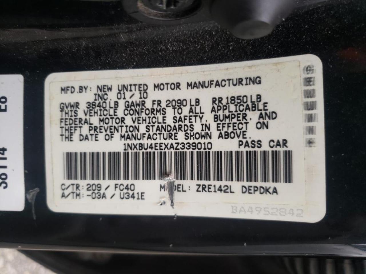 Photo 10 from auction – 2010 TOYOTA COROLLA BA with VIN 1NXBU4EEXAZ339010