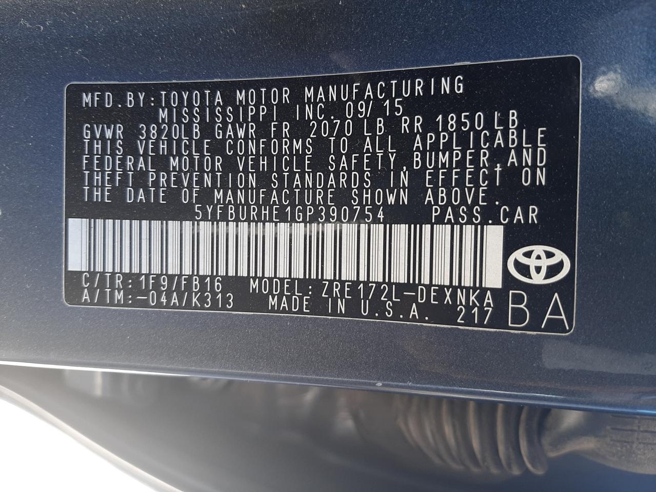 Photo 10 from auction – 2016 TOYOTA COROLLA L with VIN 5YFBURHE1GP390754