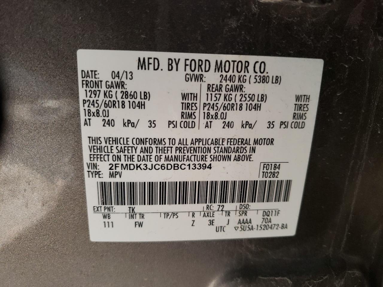 Photo 10 from auction – 2013 FORD EDGE SEL with VIN 2FMDK3JC6DBC13394