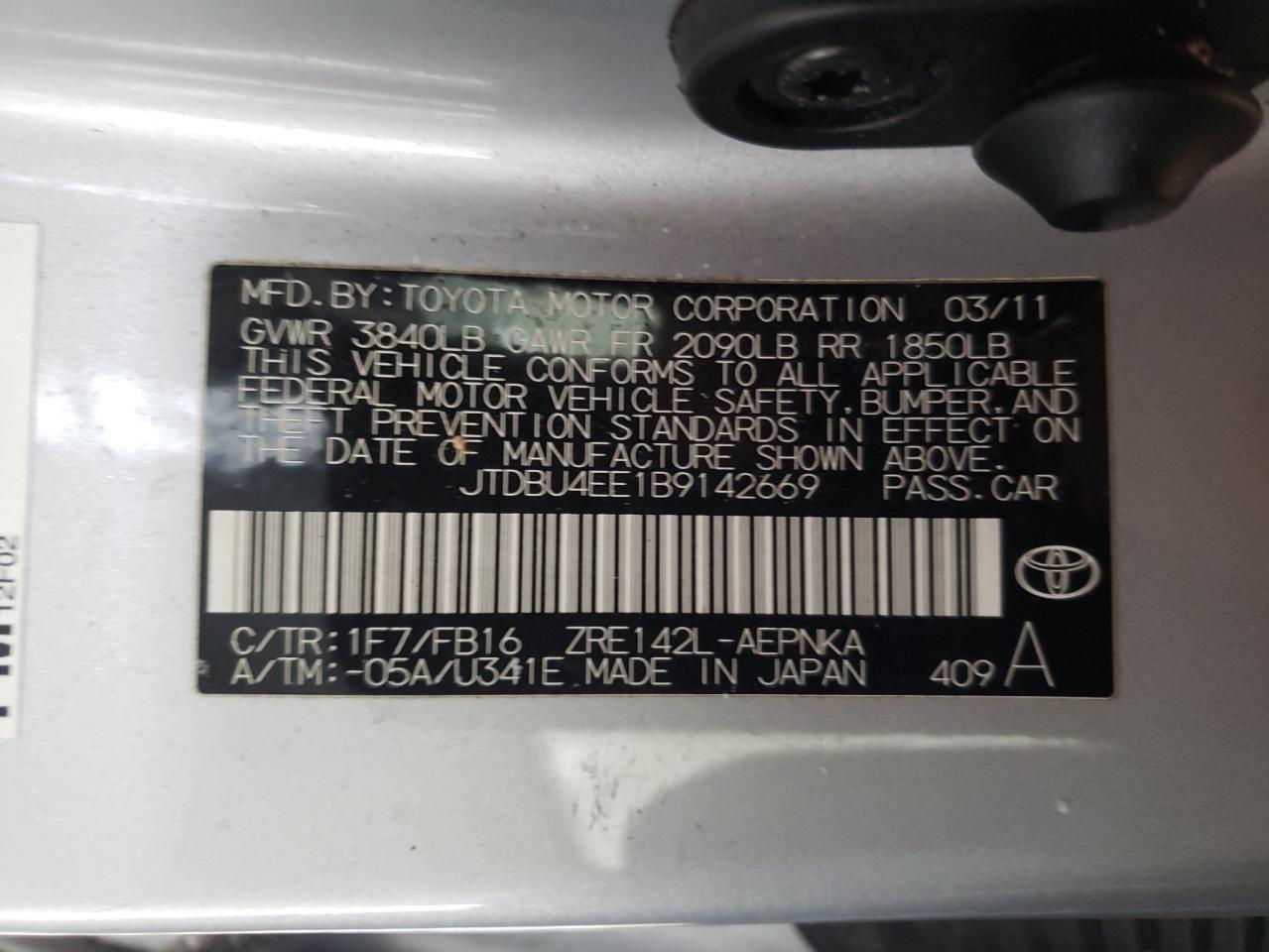 Photo 10 from auction – 2011 TOYOTA COROLLA BA with VIN JTDBU4EE1B9142669