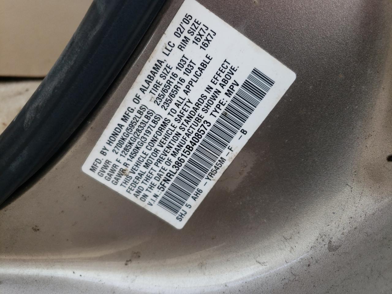 Photo 10 from auction – 2005 HONDA ODYSSEY EX with VIN 5FNRL38615B408573