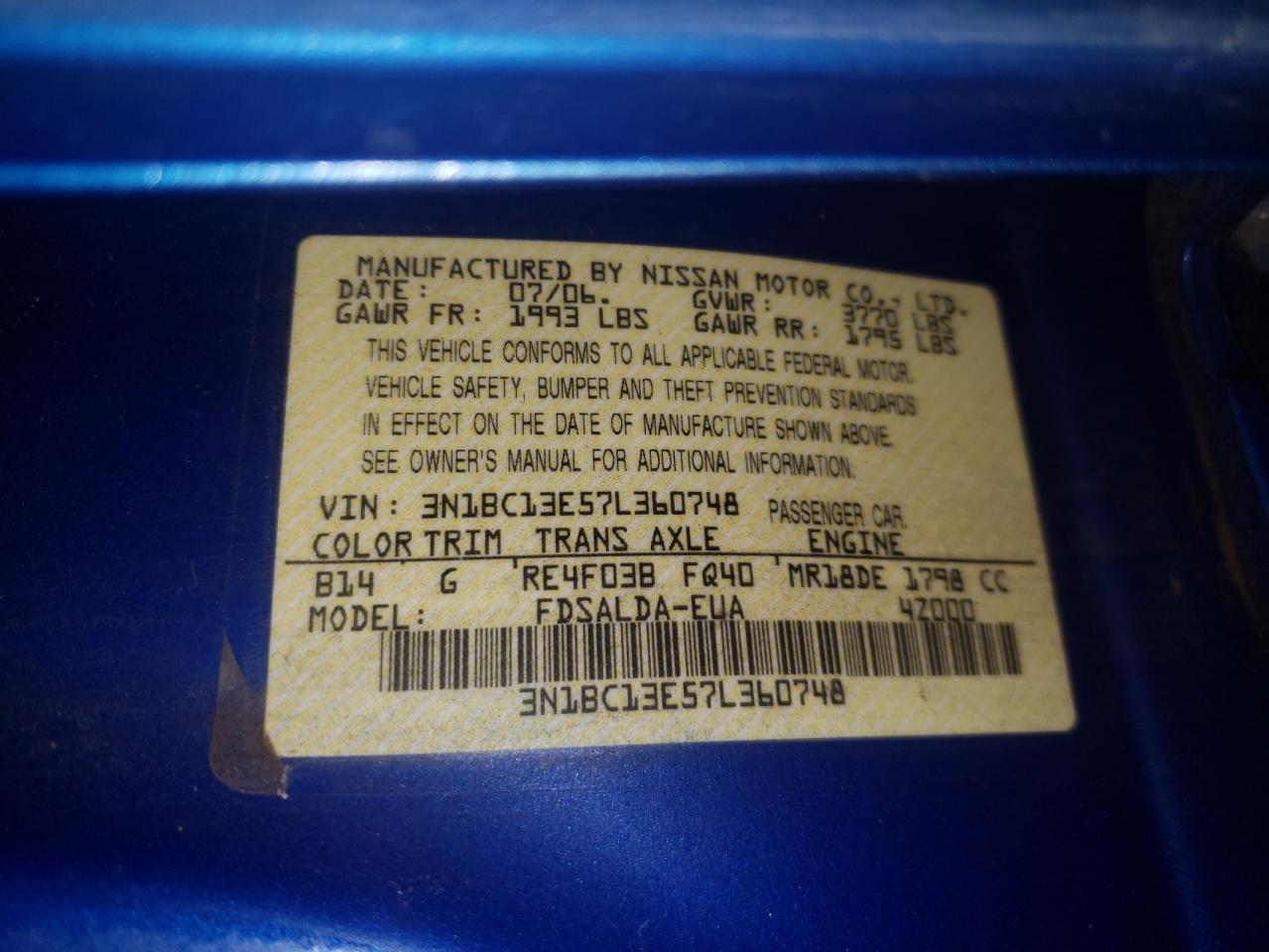 Photo 10 from auction – 2007 NISSAN VERSA S with VIN 3N1BC13E57L360748