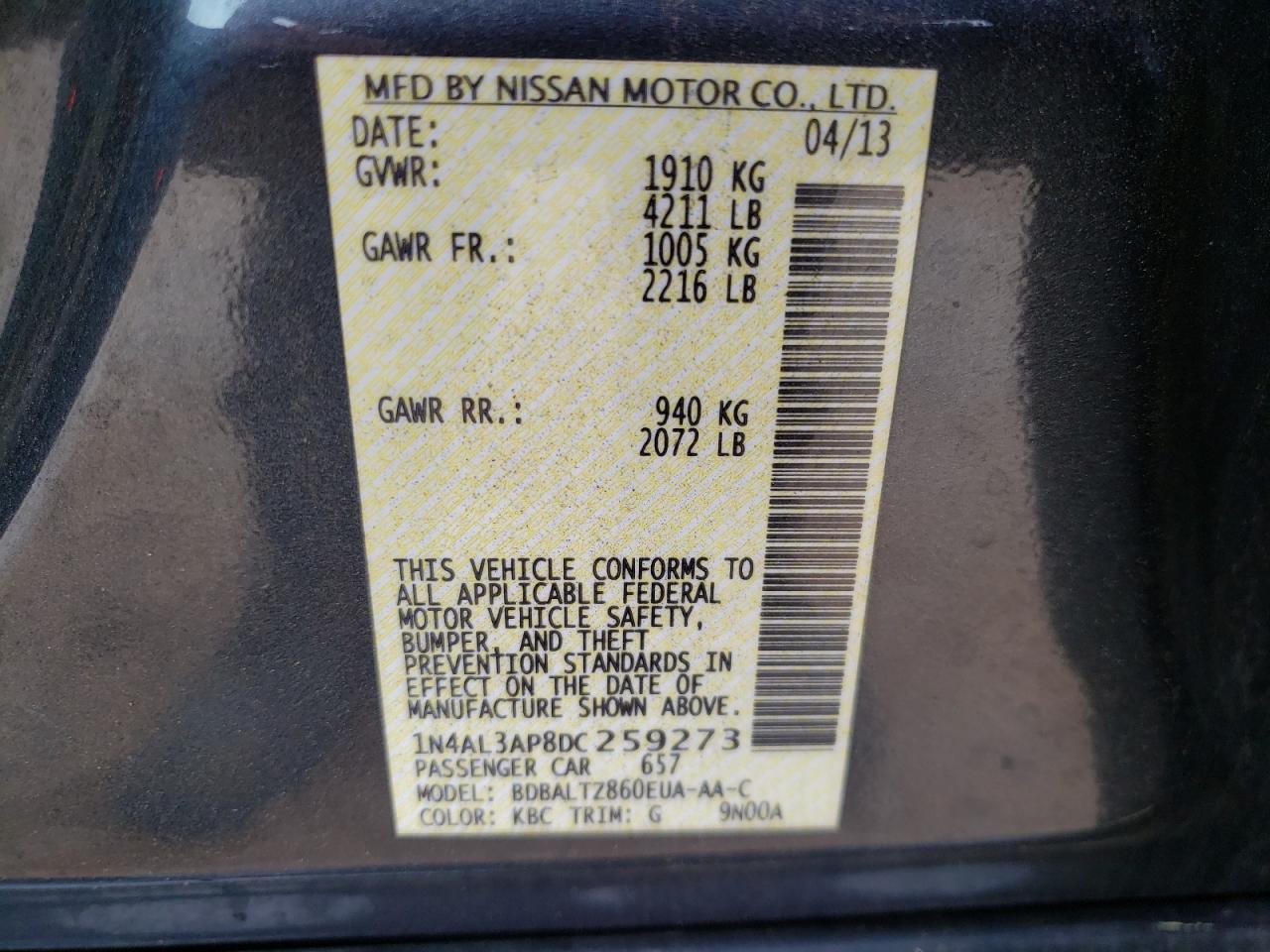 Photo 10 from auction – 2013 NISSAN ALTIMA 2.5 with VIN 1N4AL3AP8DC259273