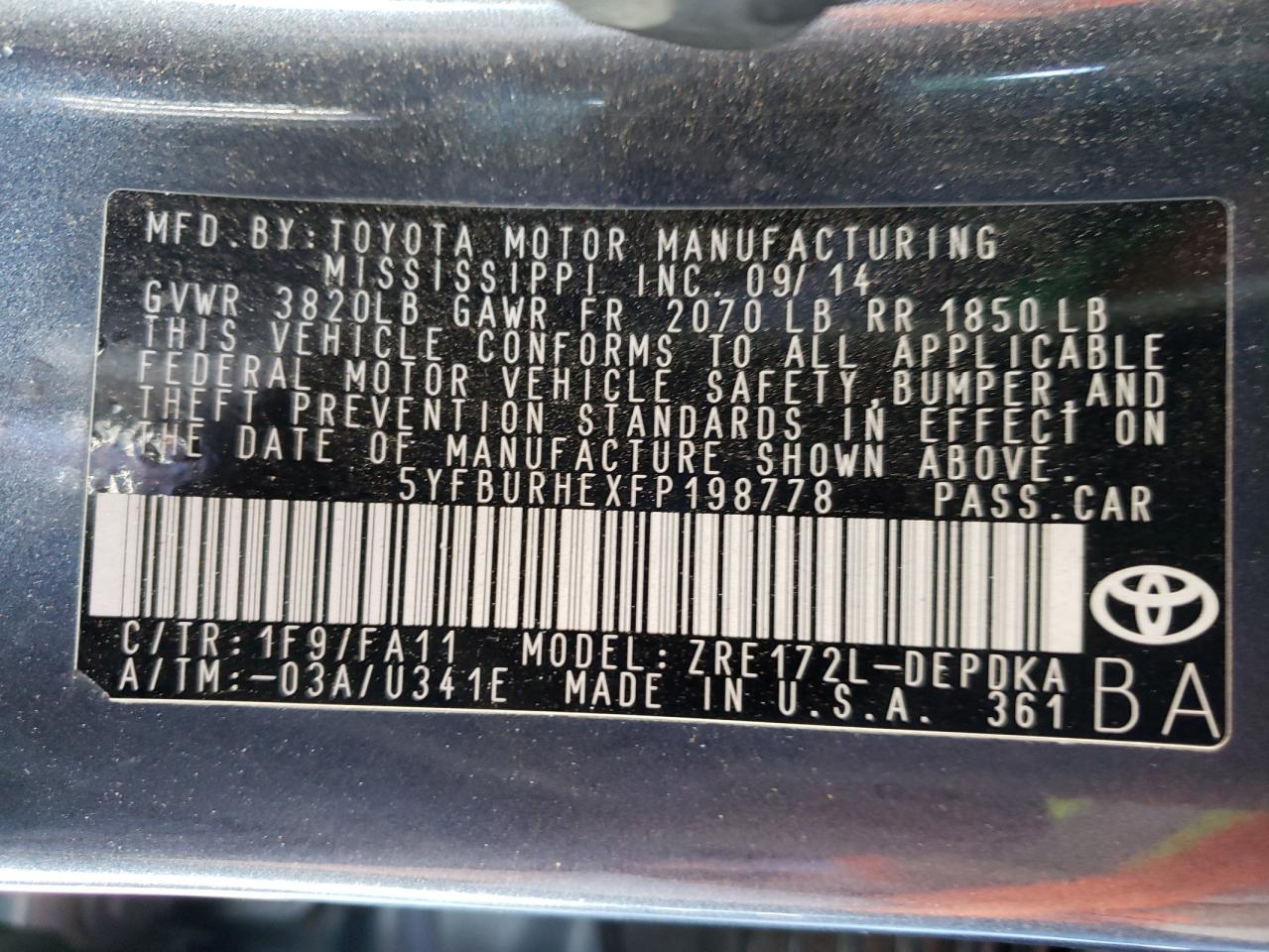 Photo 10 from auction – 2015 TOYOTA COROLLA with VIN 5YFBURHEXFP198778