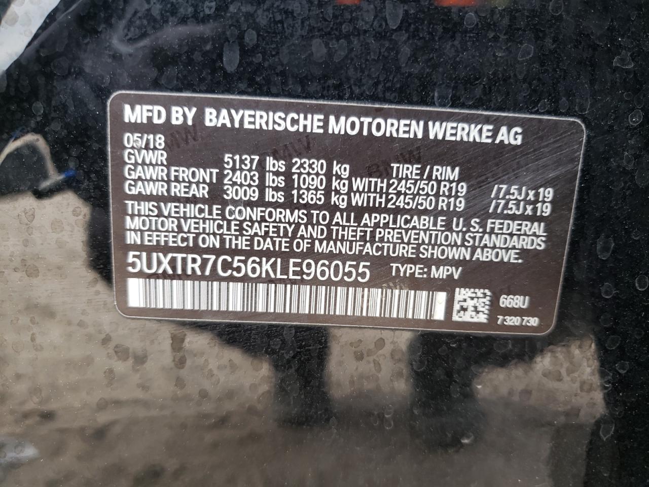 Photo 10 from auction – 2019 BMW X3 SDRIVE3 with VIN 5UXTR7C56KLE96055