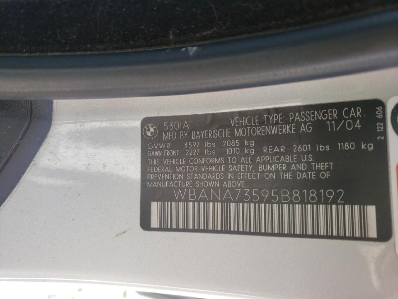 Photo 10 from auction – 2005 BMW 530 I with VIN WBANA73595B818192