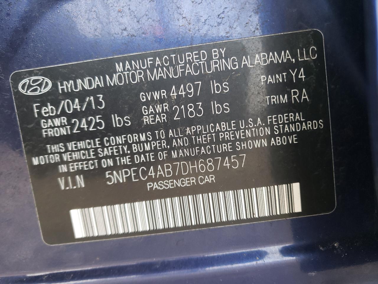 Photo 10 from auction – 2013 HYUNDAI SONATA SE with VIN 5NPEC4AB7DH687457