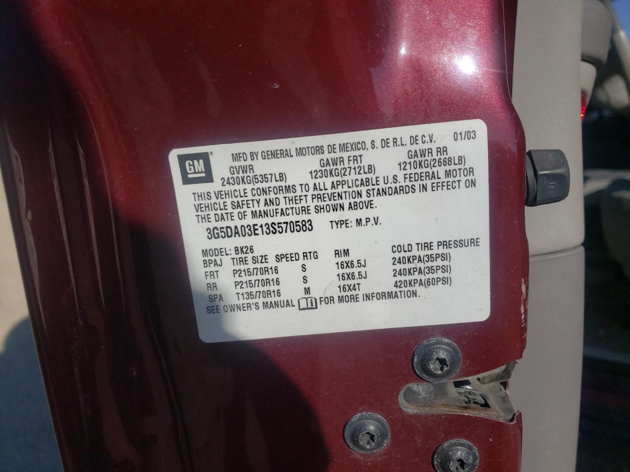 Photo 10 from auction – 2003 BUICK RENDEZVOUS with VIN 3G5DA03E13S570583