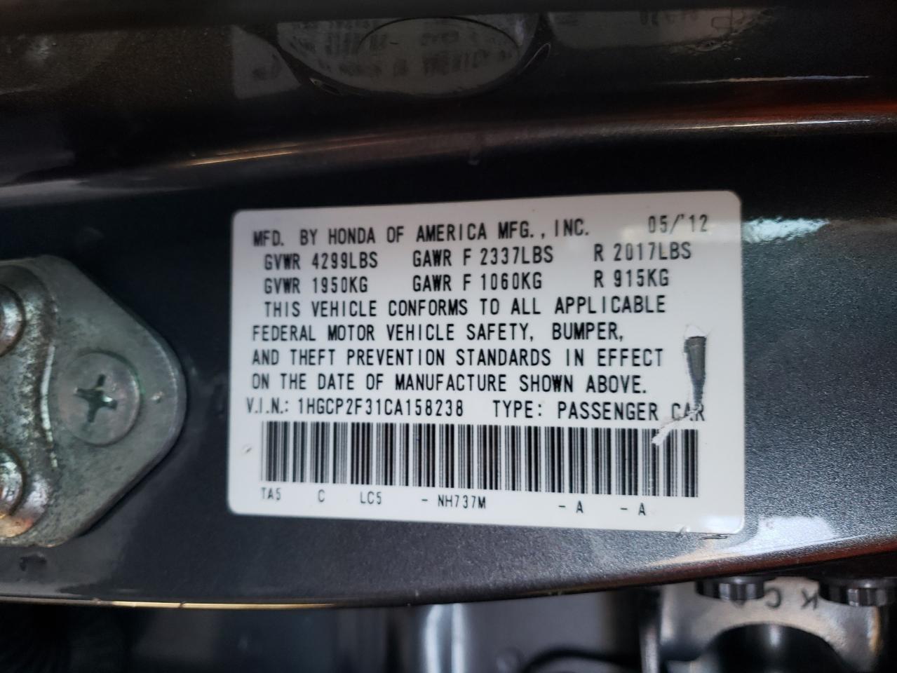Photo 10 from auction – 2012 HONDA ACCORD LX with VIN 1HGCP2F31CA158238