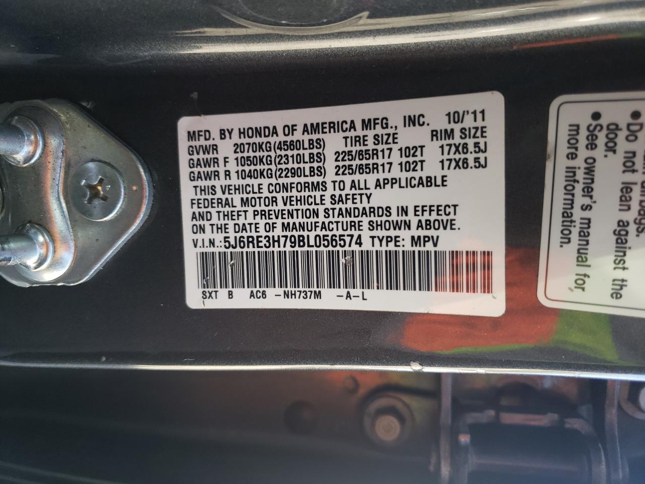 Photo 10 from auction – 2011 HONDA CR-V EXL with VIN 5J6RE3H79BL056574