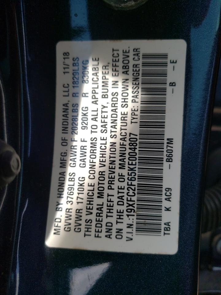 Photo 10 from auction – 2019 HONDA CIVIC LX with VIN 19XFC2F65KE004807