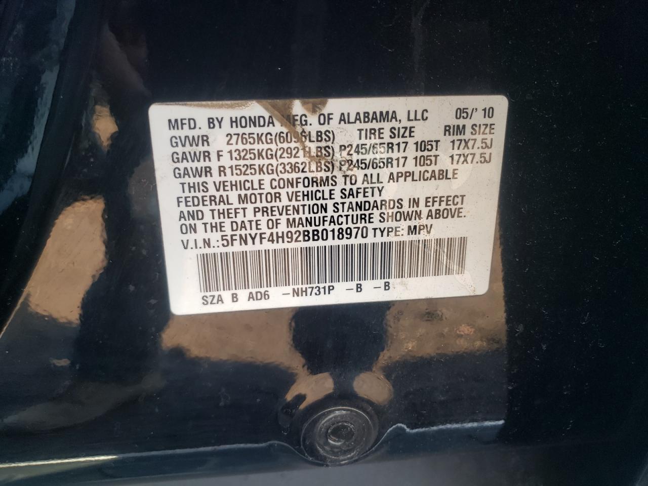Photo 10 from auction – 2011 HONDA PILOT TOUR with VIN 5FNYF4H92BB018970