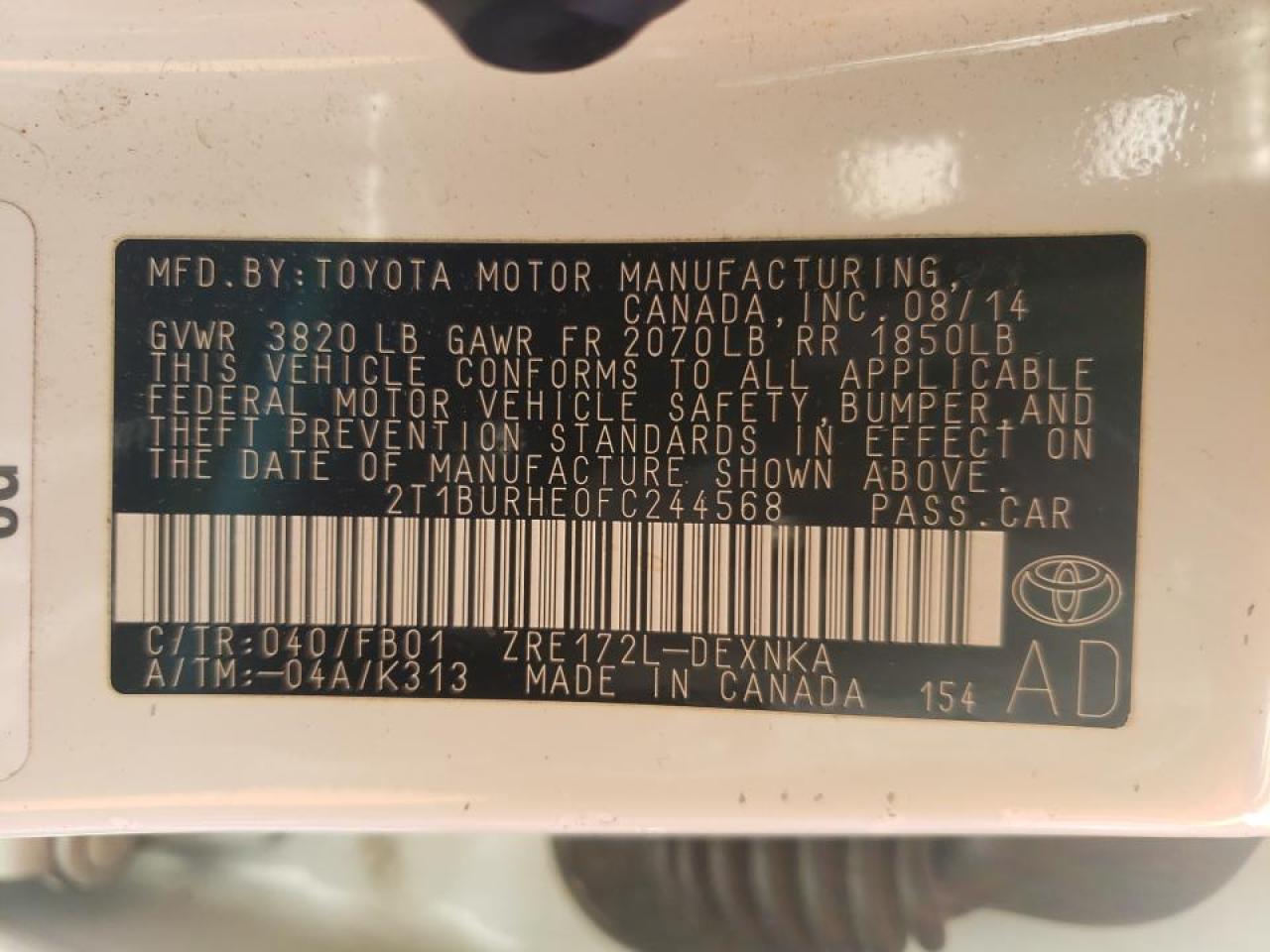Photo 10 from auction – 2015 TOYOTA COROLLA L with VIN 2T1BURHE0FC244568