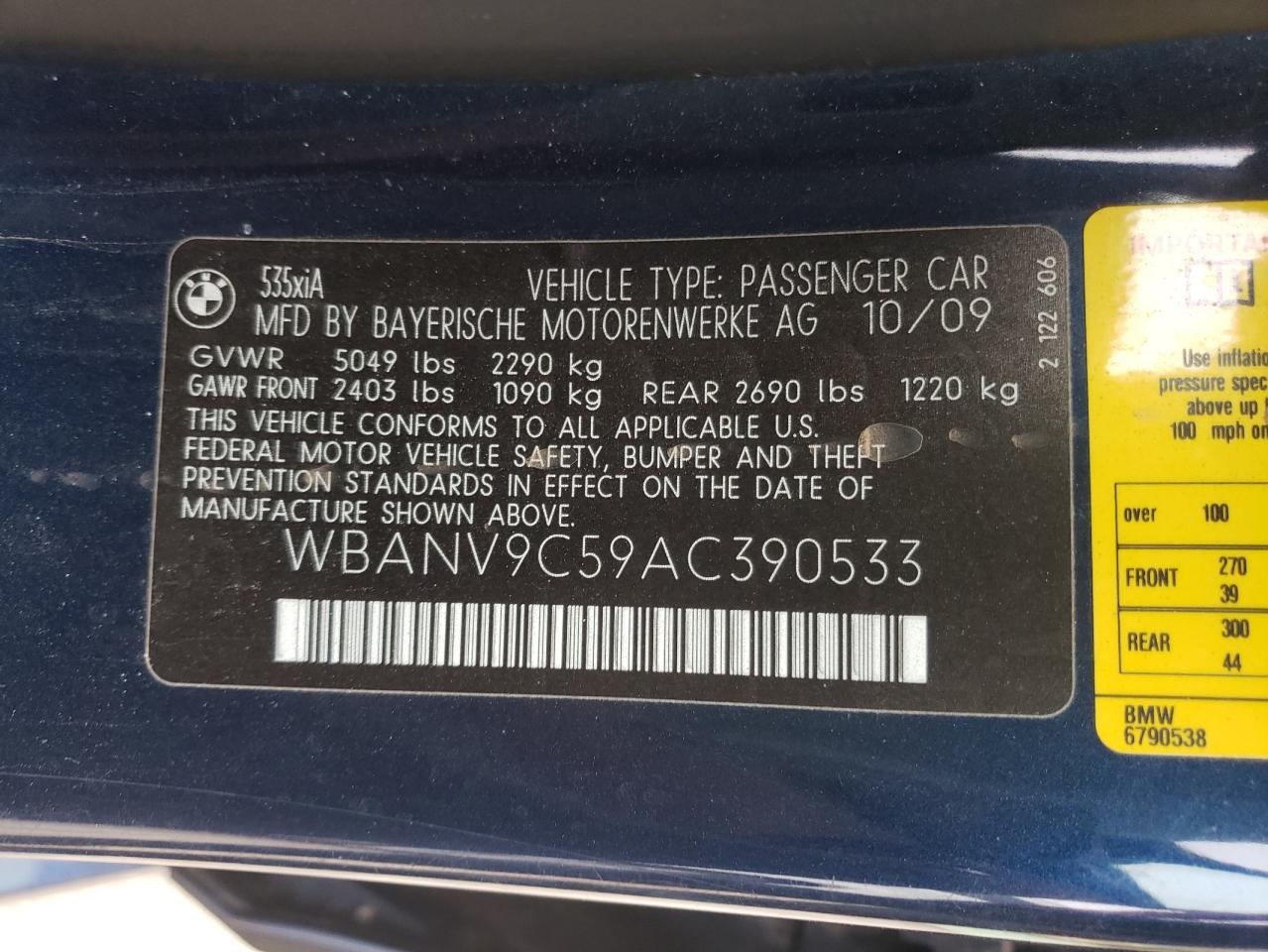 Photo 10 from auction – 2010 BMW 535 XI with VIN WBANV9C59AC390533