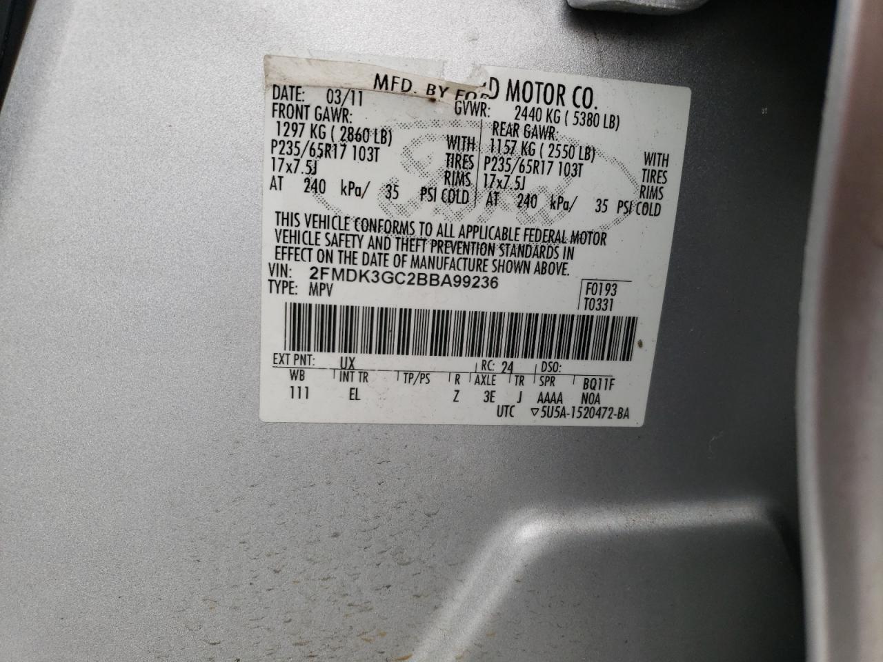 Photo 10 from auction – 2011 FORD EDGE SE with VIN 2FMDK3GC2BBA99236