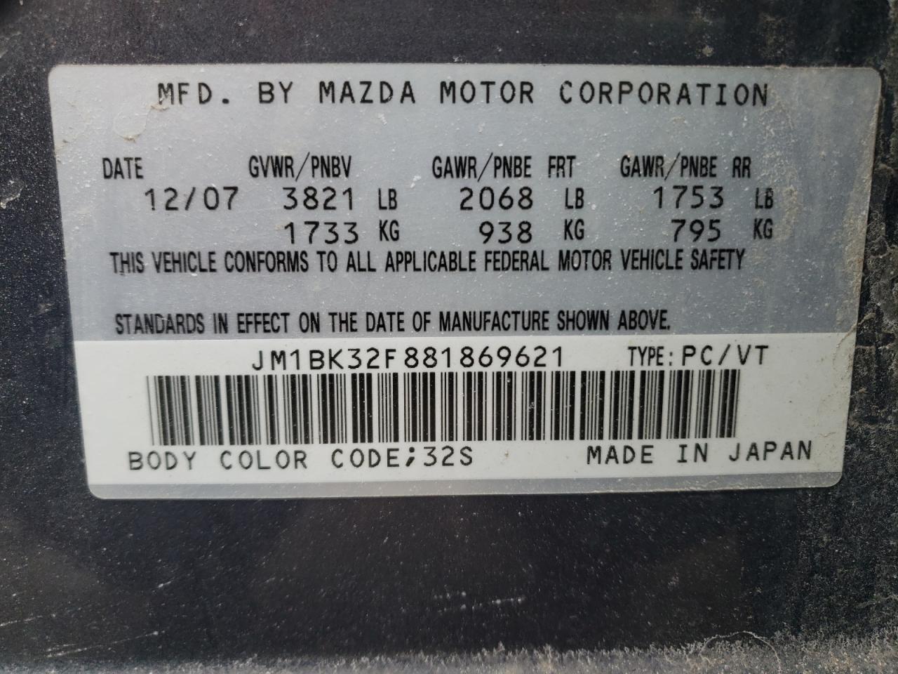 Photo 10 from auction – 2008 MAZDA 3 I with VIN JM1BK32F881869621