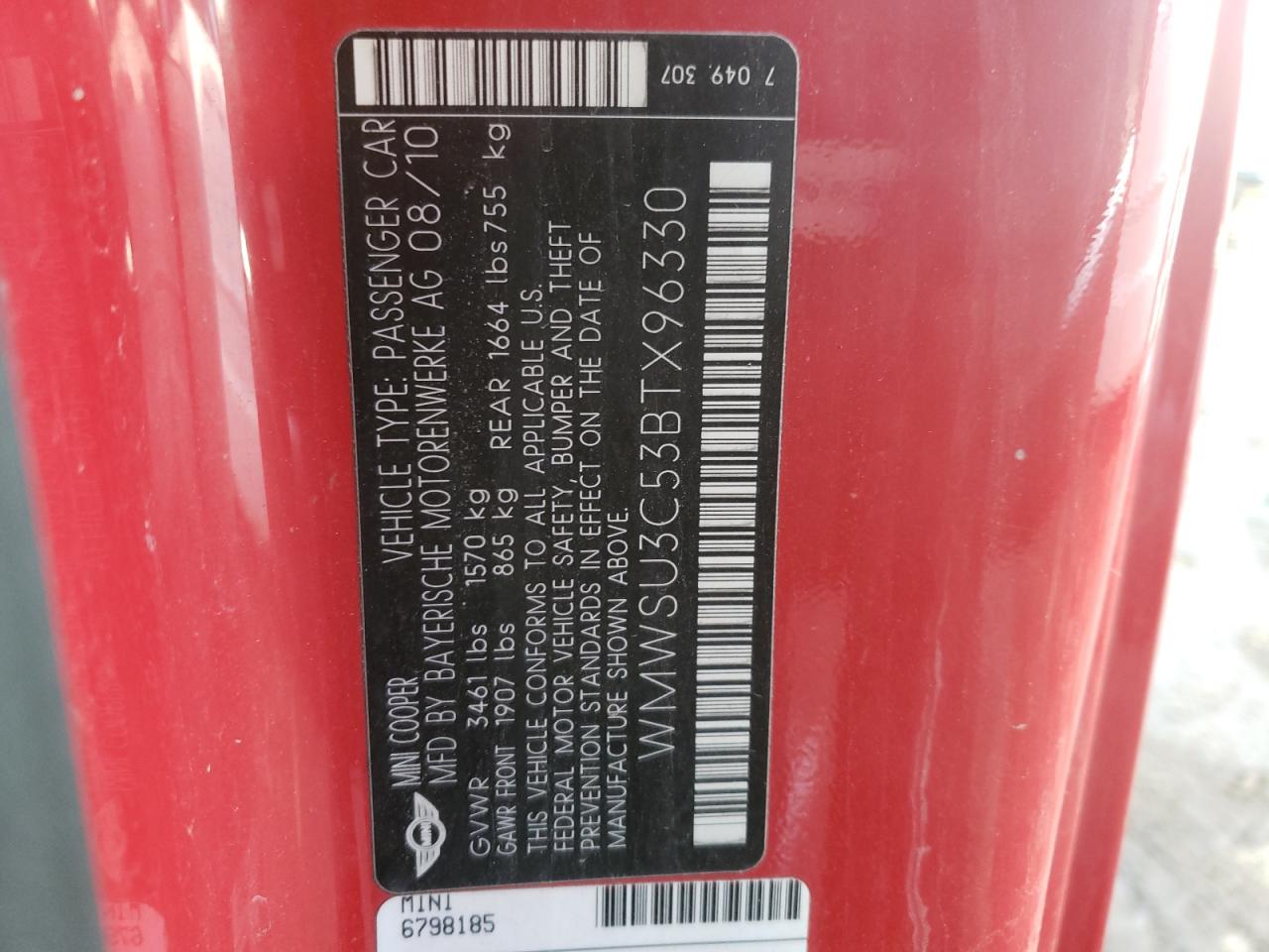 Photo 10 from auction – 2011 MINI COOPER with VIN WMWSU3C53BTX96330