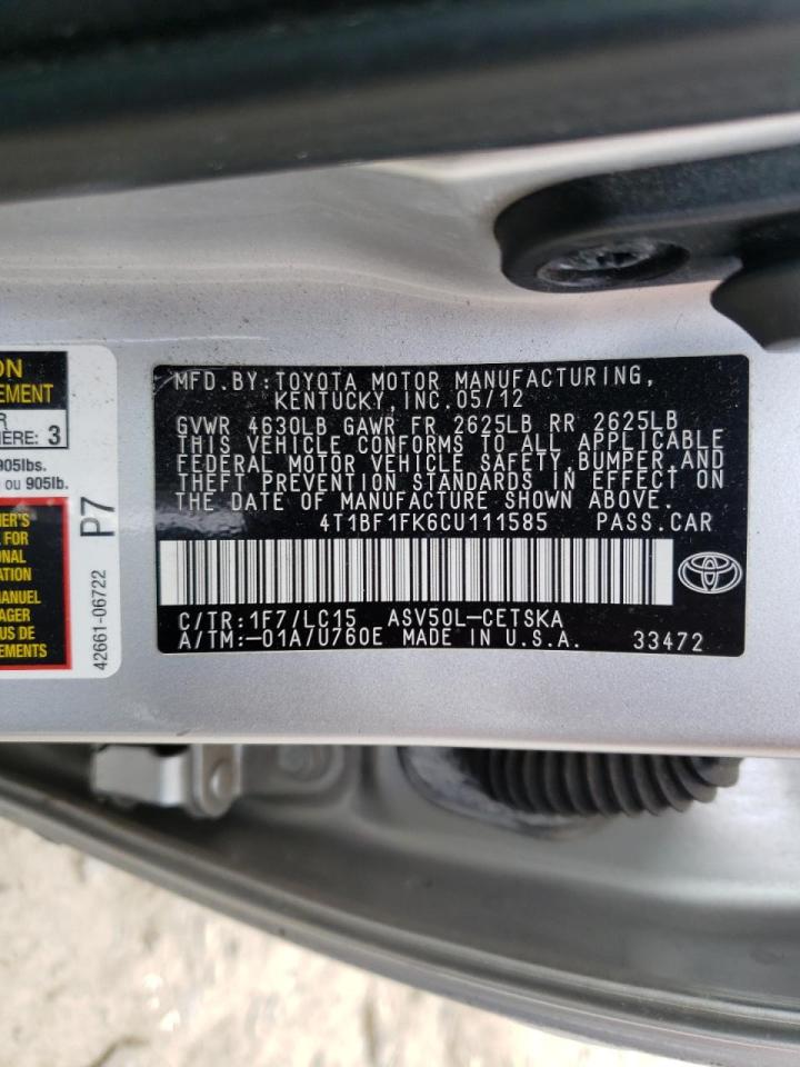 Photo 10 from auction – 2012 TOYOTA CAMRY BASE with VIN 4T1BF1FK6CU111585