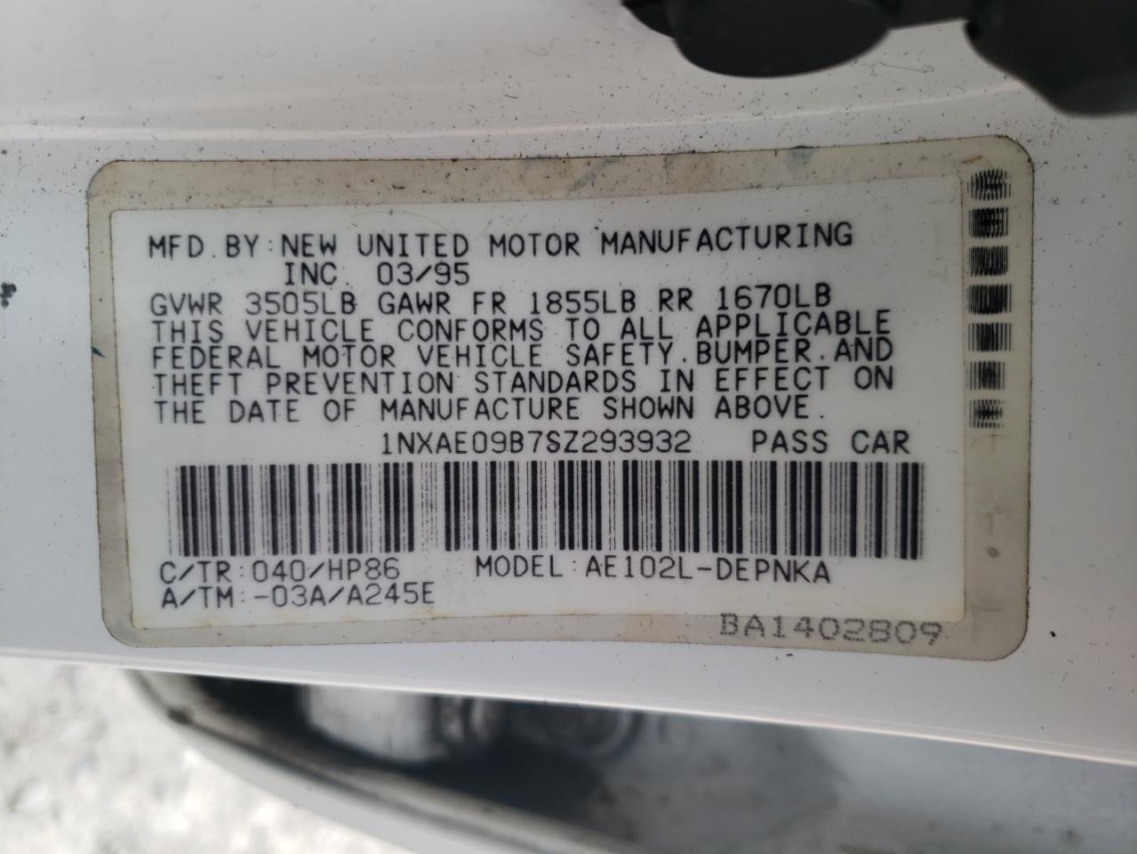 Foto 10 de la subasta – 1995 TOYOTA COROLLA LE con VIN 1NXAE09B7SZ293932