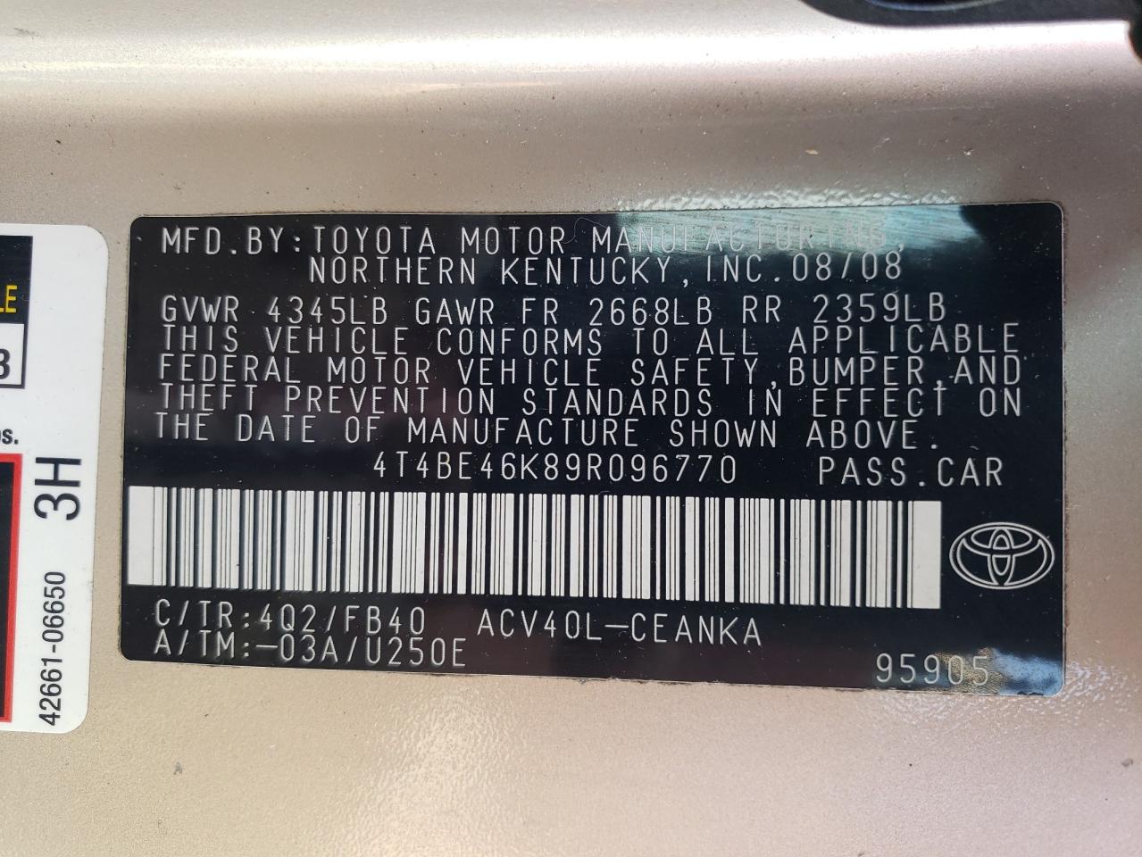 Photo 10 from auction – 2009 TOYOTA CAMRY BASE with VIN 4T4BE46K89R096770