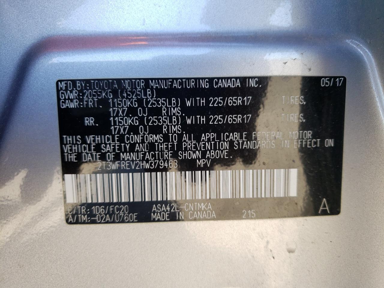 Photo 10 from auction – 2017 TOYOTA RAV4 XLE with VIN 2T3WFREV2HW379463